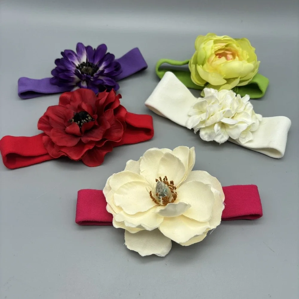 5 Pc. Large Flower Hair Bow on Knit Headband Lot‎ Gift Set Baby Girl